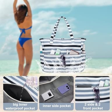 LEDAOU Beach Bag for Women Waterproof Sandproof Tote Bag Pool Bag with Zipper for Gym Shopping Travel with Wet Pocket - Image 3