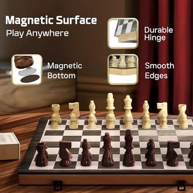 Wooden Magnetic Chess Set | 15 Inch Foldable Chess Board - 2 Extra Queens - Magnetic Chess Game with Storage | Chess Sets for Adults | Handmade Portable Travel Chess Set for Kids & Beginners - Image 4