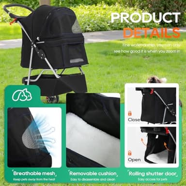 BestPet | 3-Wheel Pet Stroller | Dog and Cat Stroller | Breathable Mesh | Lightweight Travel Carrier | Waterproof & Foldable Design | Storage Basket | Black | for Daily Walks & Outdoor Use - Image 6
