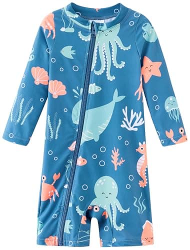 UMELOK Baby Boy Swimwear Infant Bathing Suit Rash Guard Swimwear UPF 50+ Sun Protection Swimsuit Rashguard Sunsuit Blue, Marine animals-12-18M - Image 1
