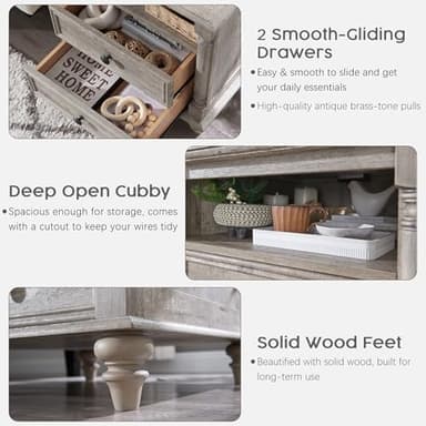 T4TREAM 24'' Farmhouse End Table w/4 Solid Wood Feet, Large 2 Drawers Wide Sofa Side Table with Charging Station, Tall Rustic Wood Square Nightstand for Living Room, Bedroom, Office, Light Rustic Oak - Image 4