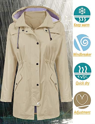 LOMON Raincoat Women Waterproof Long Hooded Trench Coats Lined Windbreaker Travel Jacket Khaki S - Image 2