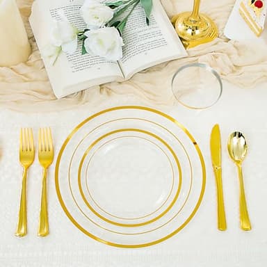 WELLIFE 300 PCS Clear Gold Dinnerware Set for 50 Guests, Clear and Gold Plastic Plates for Party, 50 Dinner Plates, 50 Salad Plates, 50 Cups Forks Knives Spoons for Wedding and Party Supplies - Image 3