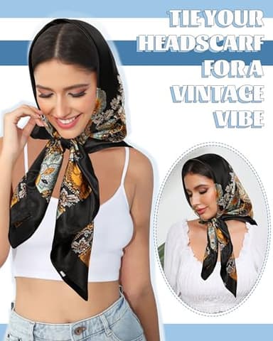 AWAYTR 35” Large Square Satin Head Scarf - 3Pcs Satin Hair Scarves Silk Feeling Bandana Headscarf for Women (Cashew(Camel/Black/Beige)) - Image 6
