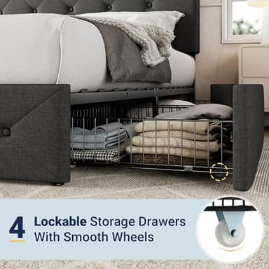 Allewie Upholstered Queen Size Platform Bed Frame with 4 Storage Drawers and Headboard, Diamond Stitched Button Tufted, Mattress Foundation with Wooden Slats Support, No Box Spring Needed, Dark Grey - Image 5