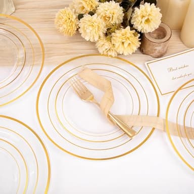 200 Pcs Clear Gold Plastic Plates - Disposable Party Plates, Gold Plate Disposable Include 100 Dinner Plate and 100 Dessert Plate, Plastic Plate for Party, Holiday, Wedding & Birthday - Image 2