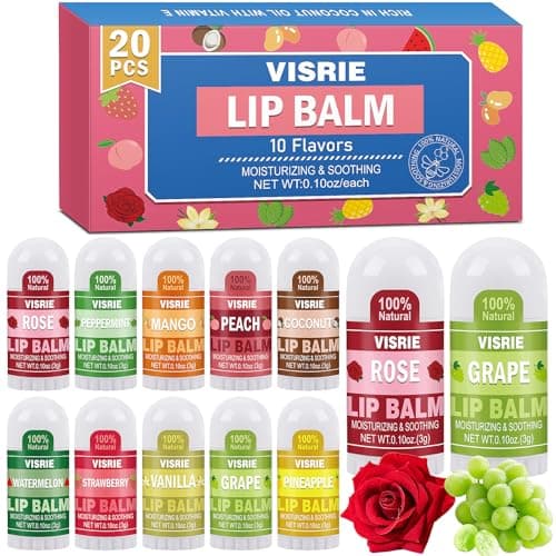 VISRIE Mini Lip Balm 20 Pack, Natural Lip Balms Bulk with Vitamin E and Coconut Oil, Moisturizing Lip Balm for Dry Cracked lips - 10 Flavors - Image 1