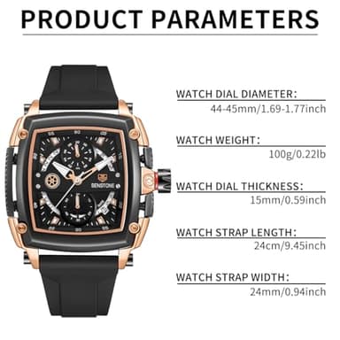 senstone Mens Watch Square Fashion Sports Multifunction Chronograph Quartz Analog Wristwatch Gift for Men Rubber Band Silicone Strap Watches - Rose Gold - Image 3
