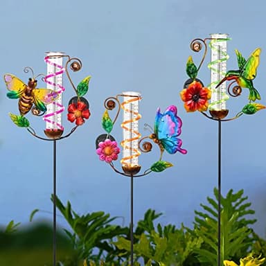BAYN 36.3” Rain Gauge Outdoor Solar Powered 10 LEDs 7” Tube Garden Butterfly Metal Decorative Stake with Waterproof Large Glass Tube Rain Guage for Yard, Garden, Patio, Lawn - Image 8
