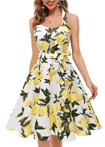 Topdress Women's Vintage Polka Audrey Dress 1950s Halter Retro Cocktail Dress White Lemon 2XL - Image 2
