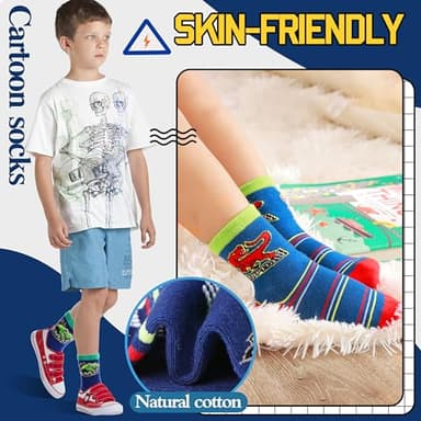 Welwoos Baby Boys Grips Socks Kids Toddlers Infants Non Slip Anti Skid Funny Animal Cartoon Gift Cotton Socks with Grippers 12 Pairs Stocking Stuffers (Dinosaur,3-5 Y) - Image 2