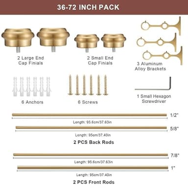 Double Curtain Rods 36-72", Warm Gold Double Rod Curtain Rods, Double Window Rods with End Cap Finials, Adjustable 1-Inch Front and 5/8 Inch Back Double Drapery Rods, Dual Curtain Rods Warm Gold - Image 7