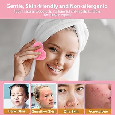 60-Count Compressed Facial Sponges With Container, Heart Shape Face Sponge, 100% Natural Pads for Cleansing, Massage, Pore Exfoliating Mask, Makeup Removal (Pink) - Image 4
