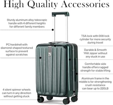 Hanke 20 Inch Carry On Luggage Aluminum Frame Front Opening Rolling Suitcase PC Hard Sided Luggage with Spinner Wheels Travel Luggage for Woman Men Gifts.(Dark Green) - Image 7