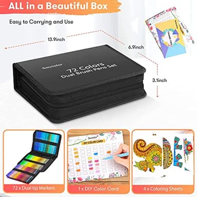 Soucolor Art Supplies for Adults Kids, 72 Colors Dual Tip Brush Fine Tip Markers, Art Kit Drawing Set with Art Case Coloring Set, Art Set for Kids, Kids Art Supplies for School, Gifts for Girls & Boys - Image 7