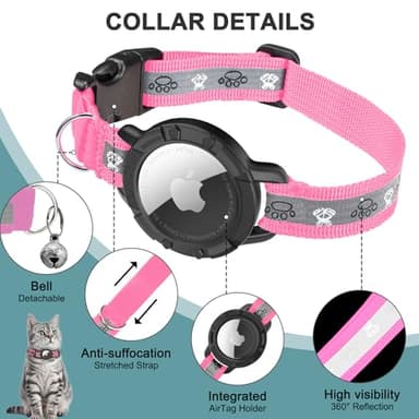 Reflective AirTag Cat Collar, Integrated Cat Tracker Collar with Air Tag Holder and Bell, Safety Elastic Band Cat GPS Collars for Girl Boy Cats, Kittens and Puppies (Hotpink,XS) - Image 5