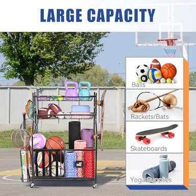 Mythinglogic Garage Sports Equipment Organizer, Baseball Storage Large Capacity, Sports Organizer for Garage with Hooks and Baskets, Ball Storage Rack for Football, Soccer Ball, Bat, Toys - Image 2