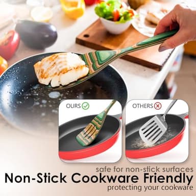 Kitchen Pakkawood Wooden Spoons for Cooking – 7-Piece Kitchen Utensil Set with Spatula, Corner Spoon, Rice Paddle – Nonstick Safe Durable Wooden Cooking Tools for Home Kitchen by Howhong (Oasis) - Image 4