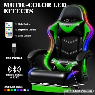 Czlolo Gaming Chair, Racing Style RGB LED Lights Gaming Chairs for Adults and Kids, Lumbar Massager Gamer Chair, High Back Reclining Computer Chair with Footrest and Headrest (Black/Green) - Image 3