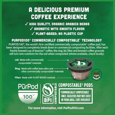 beaniac Organic Downtime Decaf Swiss Water Decaffeinated, Medium Roast, Single Serve Compostable K Cup Coffee Pods, Organic Arabica Coffee, Keurig Brewer Compatible, 30 Count - Image 3