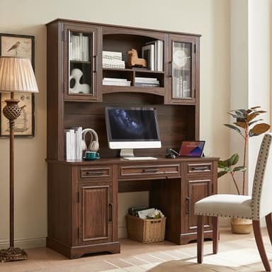 JXQTLINGMU Farmhouse 76" Height Computer Desk with Hutch, Office Desk with Charging Station, Drawers and Storage Cabinet, Workstation for Office Home, Brown - Image 1