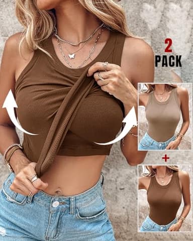 CHICME 2 Piece Built in Bra Tank Tops for Women Ribbed Tank Top Fitness Racerback Workout Tops Coffee Khaki-L - Image 2