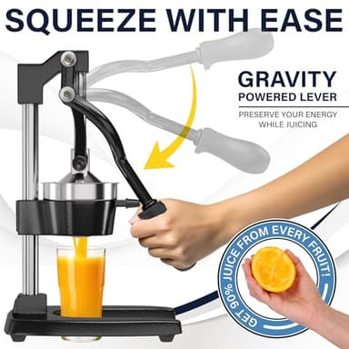 Eurolux Cast Iron Citrus Juicer | Extra-Large Commercial Grade Manual Hand Press | Heavy Duty Countertop Squeezer for Fresh Orange Juice (Bonus Stainless Steel Cup) (Black) - Image 2