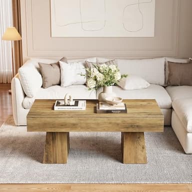 LITTLE TREE Farmhouse Coffee Table, 47 Inches Wooden Rectangular Accent Center Tables with Thick Base, Modern Low Cocktail Tea Furniture for Living Room (Rustic Brown) - Image 4