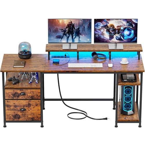 Furologee 61" Computer Desk with Power Outlet and LED Lights, Desk with Fabric File Cabinet Drawer, Large Reversible Table with Shelves and Monitor Stand, Writing Study Table for Home Office - Image 1
