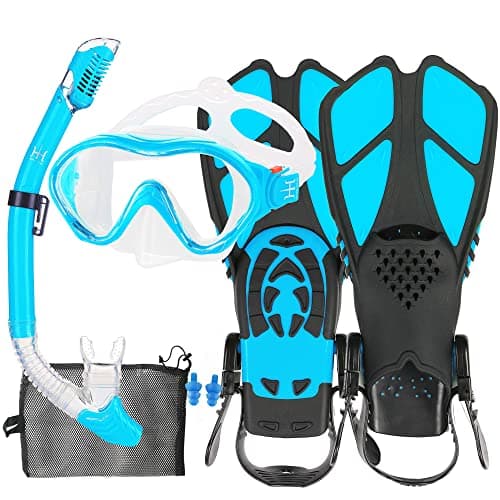 HH HHAO SPORT Kids Mask Fins Snorkel Set Snorkeling Packages, with Diving Mask, Snorkel, Adjustable Swim Fins, Mesh Bag, Anti-Fog Anti-Leak Snorkeling Gear for Kids for Snorkeling Swimming Diving - Image 1