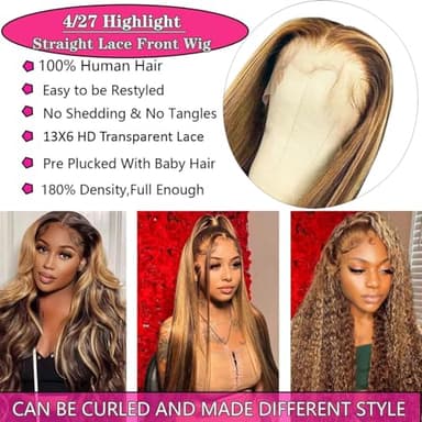 Cypha Ombre Lace Front Wig Human Hair 28inch 13x6 Straight Highlight Wig Human Hair 180% Density 4/27 Colored Honey Blonde HD Lace Frontal Wigs For Women Glueless Pre Plucked with Baby Hair - Image 2