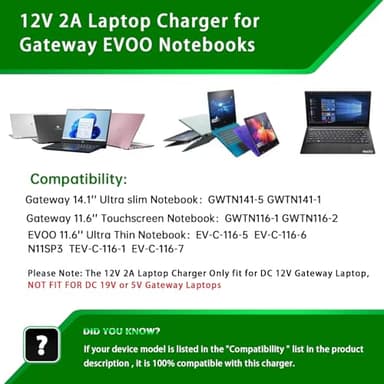 12V 2A Charger for Gateway Laptop, 12V 2A DC Power Supply for 12Volt Gateway GWTC116-2BL GWTN156-11BK GWTC116 GWTN116 GWTN156 GWTN141 GWNC21524 GWTN133 N11SP3; EVOO EV-C-116-5 Power Cord. - Image 2