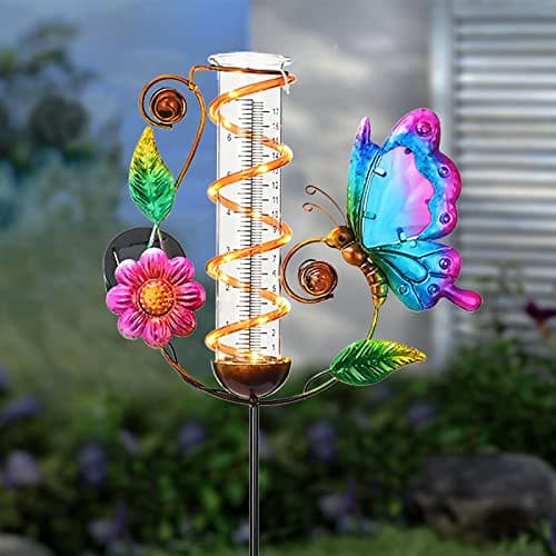 BAYN 36.3” Rain Gauge Outdoor Solar Powered 10 LEDs 7” Tube Garden Butterfly Metal Decorative Stake with Waterproof Large Glass Tube Rain Guage for Yard, Garden, Patio, Lawn - Image 1