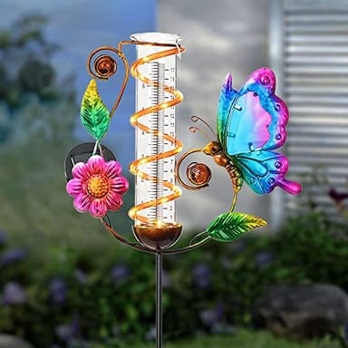 BAYN 36.3” Rain Gauge Outdoor Solar Powered 10 LEDs 7” Tube Garden Butterfly Metal Decorative Stake with Waterproof Large Glass Tube Rain Guage for Yard, Garden, Patio, Lawn - Image 1