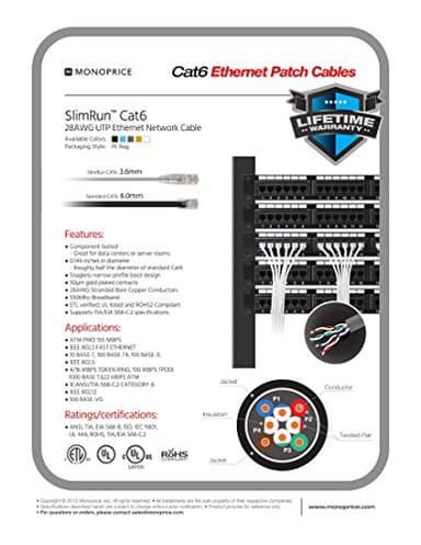 Monoprice Cat6 14ft Red Component Level Patch Cable UTP 28AWG 550MHz Pure Bare Copper Snagless RJ45 SlimRun Series Ethernet Cable - Image 5