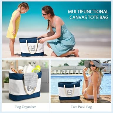 Becokan Initial Beach Bag Waterproof Canvas Beach Tote Bag Zipper Personalized Gifts for Women Her Birthday Travel Essentials (M, Dark Blue 2 pcs) - Image 7