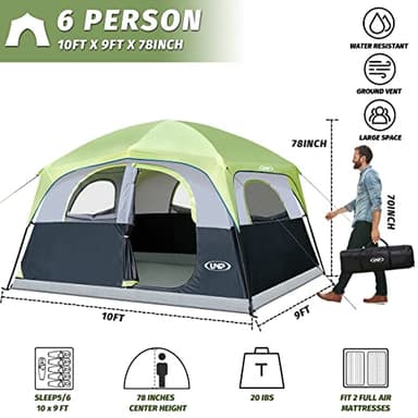 UNP Tents for Camping 6 Person Tent for Family Waterproof Windproof Easy Setup Cabin Tent, Upgraded Ventilation 5 Large Mesh Windows 10'x9'x78inch(H) - Image 2