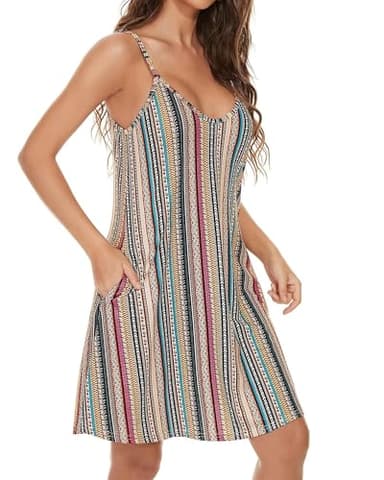 JOELLYUS Womens Summer Dresses Spaghetti Strap Sundress Casual Beach Cover Ups Swing Dress with Pockets (Stripe,L) - Image 3