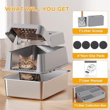 Stainless Steel Litter Box with Lid, XL Closed Metal Litter Box Modular Design with Flip Lid Fits All Cats, Extra Large Covered High Sided Cat Box, Scoop, Non-Sticky, Easy Cleaning, Grey - Image 8