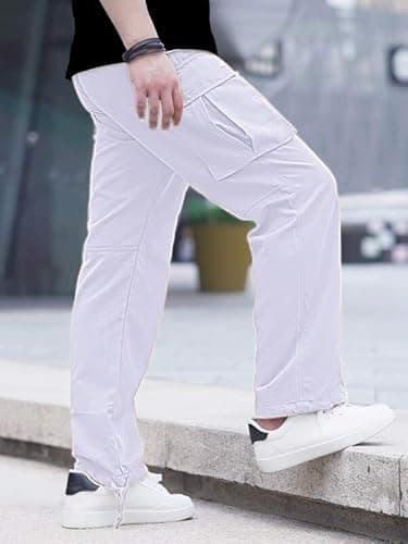 HUNGSON Mens Cargo Pants Drawstring Casual Hiking Pants Joggers Athletic Trousers Cotton Loose Straight Sweatpants for Men White - Image 6
