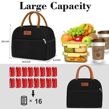 Coobiiya Lunch Box Lunch Bag for Women Adults Men, Reusable Cute Lunch Pail bag - Leakproof, Insulated Lunch Box Tote with Large Capacity, Cooler Lunch Container for Work/Travel/Office (Black) - Image 3