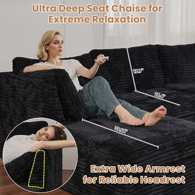 ovios Modular Sectional Sofa Couch with Sofa Bed L-Shape Chaise, Comfy Plush Corduroy Cloud Couches, Modern Deep Seat Sofas Set for Living Room, 6-Seater, Black - Image 7