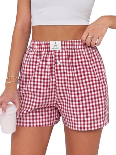 ANRABESS Boxer Shorts for Women Gingham Pajama 2025 Summer Casual Lounge Sleep Plaid Shorts Y2K Beach Bottoms Red White Plaid X-Large - Image 1