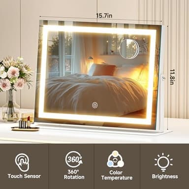 Hasipu Vanity Mirror with Lights, 15.7" x 11.8" LED Makeup Mirror, 3 Color Modes Touch Control and Brightness Adjustment Lighting Mirror, 10X Magnifying Glass, 360° Rotation - Image 3