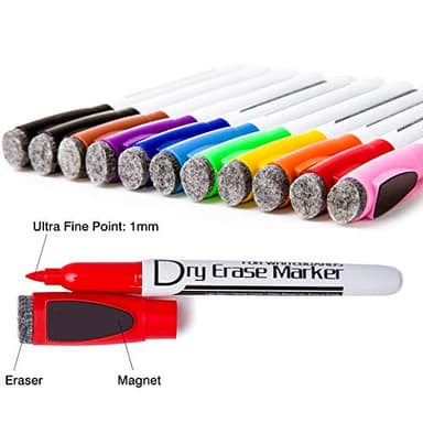 Volcanics Magnetic Dry Wipe Pens Dry Erase Markers With Eraser Cap Low Odor Fine Tip Whiteboard Pens Pack of 12,10 Colors - Image 2