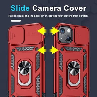 Janmitta Case for iPhone 16e Phone Cover Built in Slide Camera Lens Cover+Screen Protector,Heavy Duty Shockproof Full Body PhoneCase with Finger Ring Holder Kickstand,2025 Red - Image 3