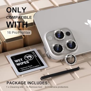 Misea Compatible for iPhone 16 Pro/iPhone 16 Pro Max Camera Lens Protector Bling, 9H Tempered Glass Camera Cover Screen Protector Metal Individual Ring Protector Decoration, Natural Titanium Glitter - Image 2