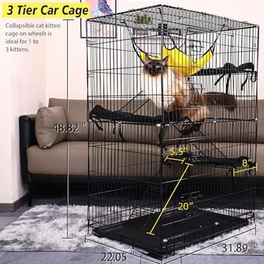 ELEVON 3-Tier Indoor Cat Cage, Large DIY Cat Crate & Cat Kennel with 3 Cat Beds and 2 Front Doors, Metal Fence with Ladder and Hammock, Suitable for Rabbits, Squirrels, Cats to Play and Rest - Image 4