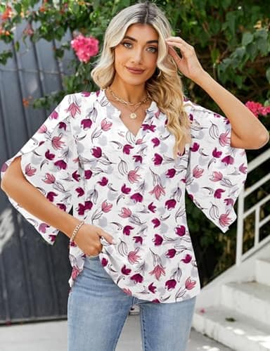LUYAA Women's Chiffon Blouse Shirts Ruffled Sleeve Sexy V-Neck Summer Loose Elegant Tops (White/Pink Floral M) - Image 3