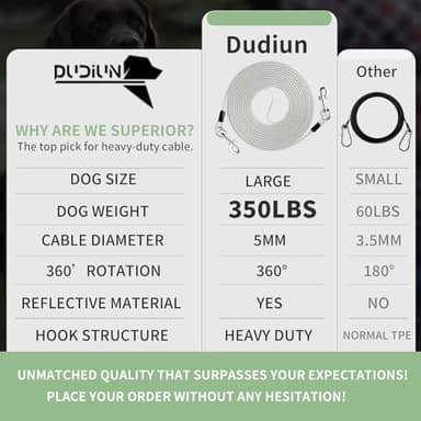 Dudiun 70ft Tie Out Cable for Dogs Up to 350LBS,Reflective Dog Yard Leash Cable with No Tangle Handle,Heavy Duty for Yard- and Camping No Tangle Rust Proof Training - Image 5